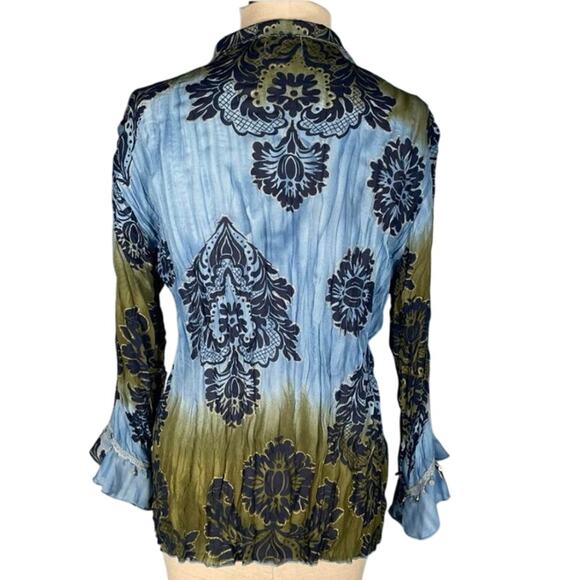 Vintage Y2k Bohemian Print Crinkle Blouse Beaded Ruffle Whimsygoth Large Boho - Picture 4 of 5